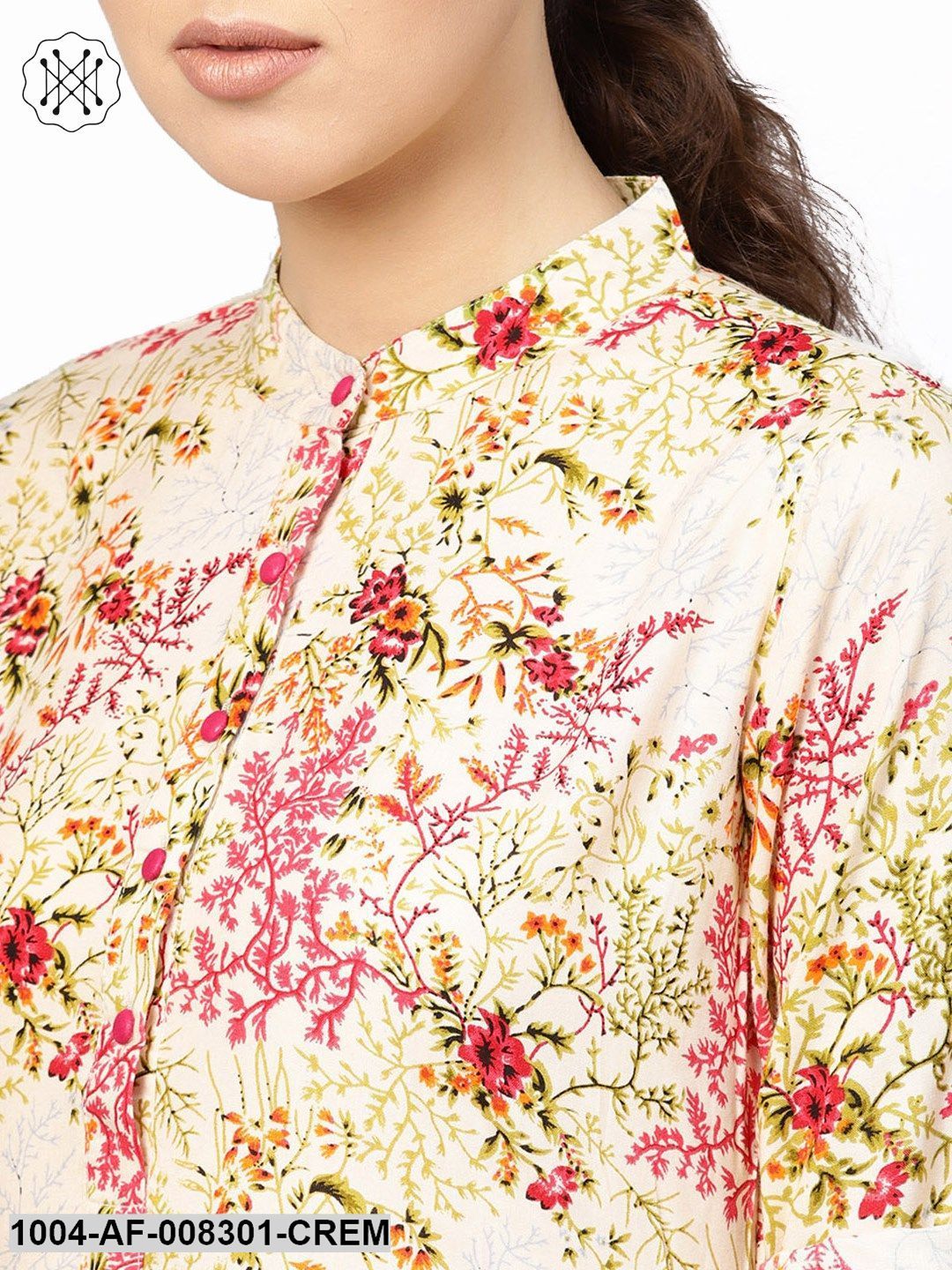 Cream Multicolored And Pink Floral Printed Half Sleeves Straight Kurta With Red Pant