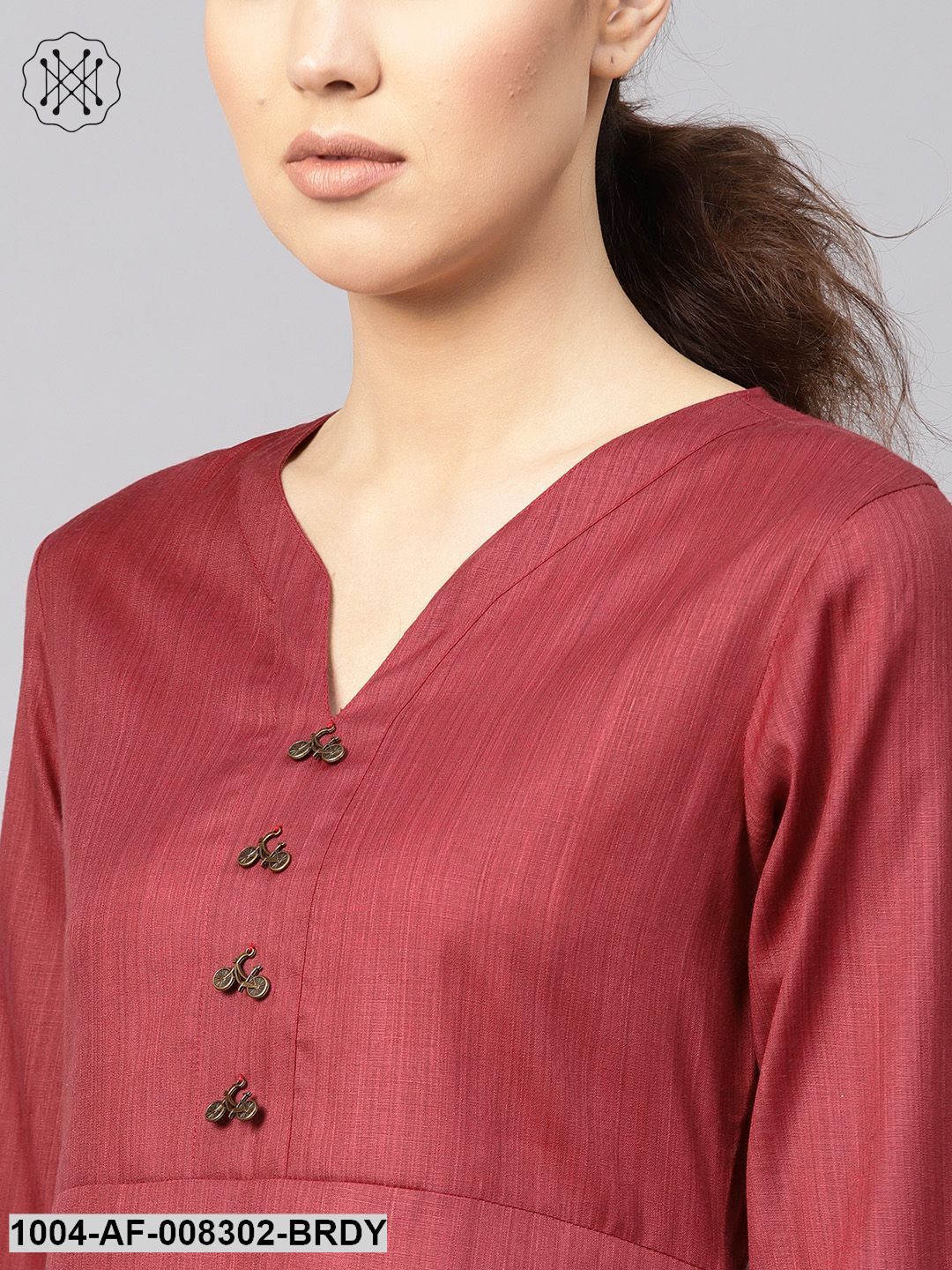 Burgundy Round Neck With V-Slit 3/4Th Sleeves A-Line Kurta With Palazzos And Printed Dupatta.