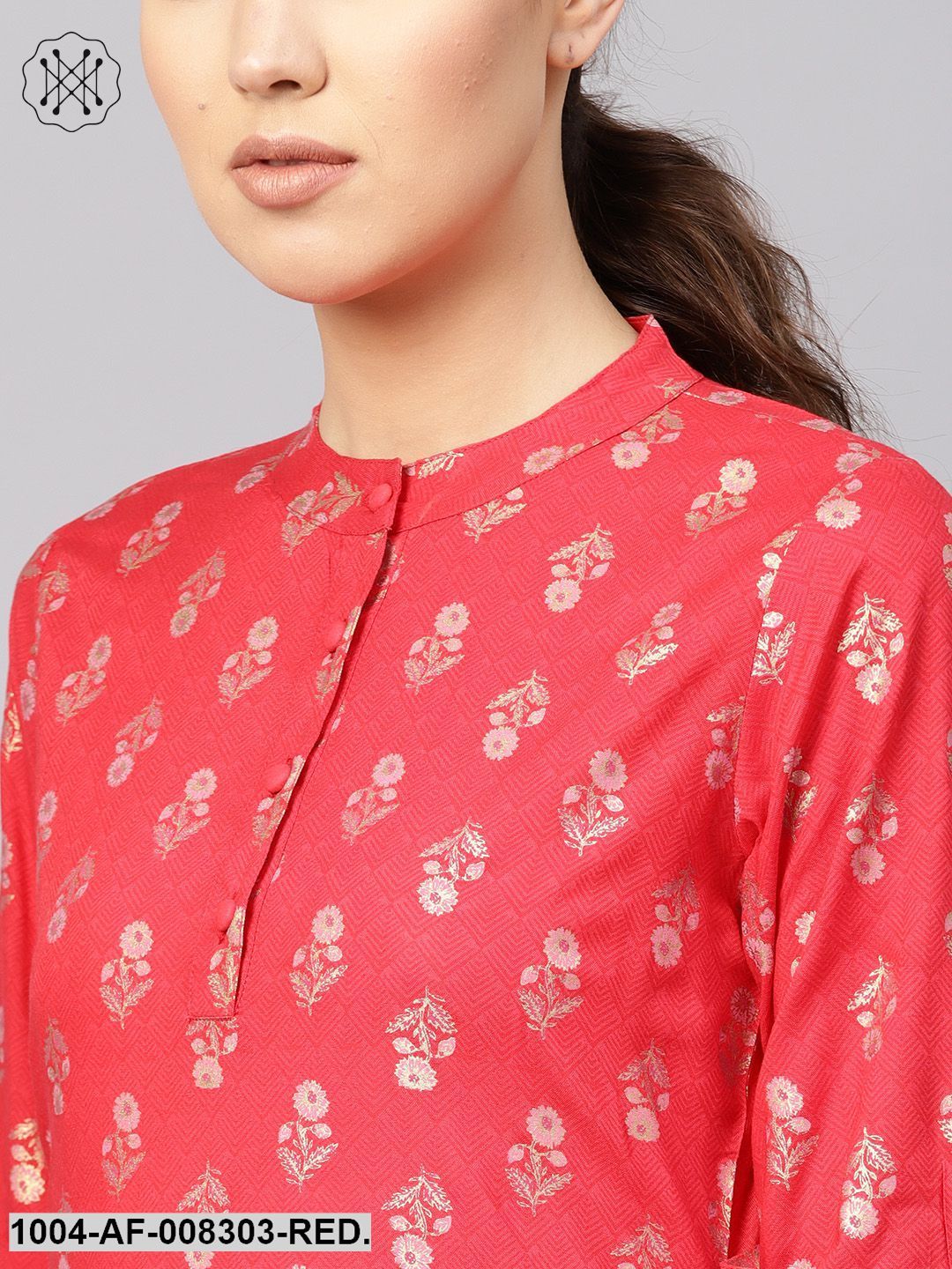 Coral Gold Printed Collared Elbow Sleeve Straight Kurta With Palazzo And Dupatta.