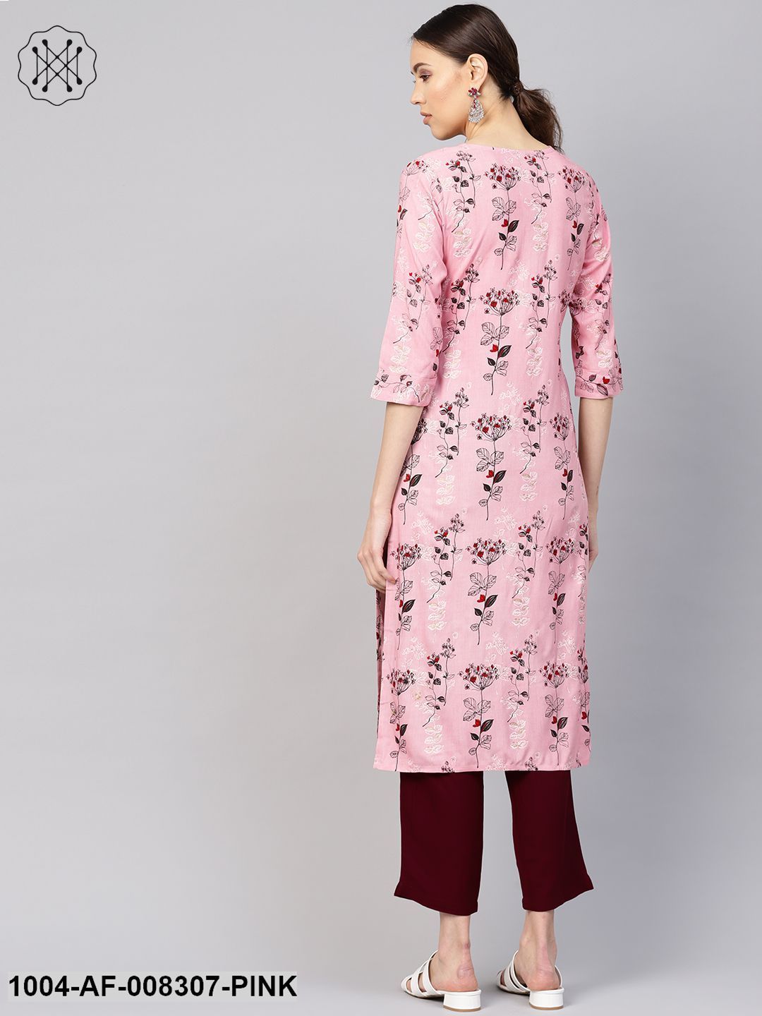 Baby Pink And Maroon Floral Printed Round Neck With Slit 3/4Th Sleeve Straight Kurta With Ciggratte Pants.