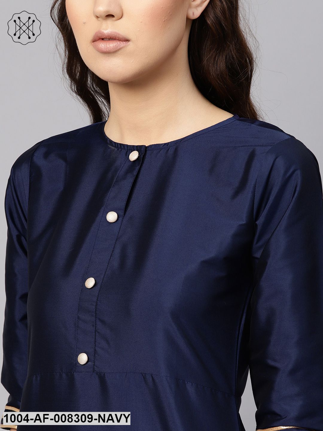 Navy Blue Round Neck 3/4Th Sleeves Straight Kurta With Palazzo And Yellow Net Dupatta.