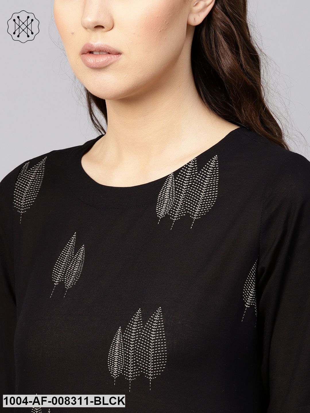 Black Gold Printed Round Neck 3/4Th Sleeves Straight Kurta With Palazzo