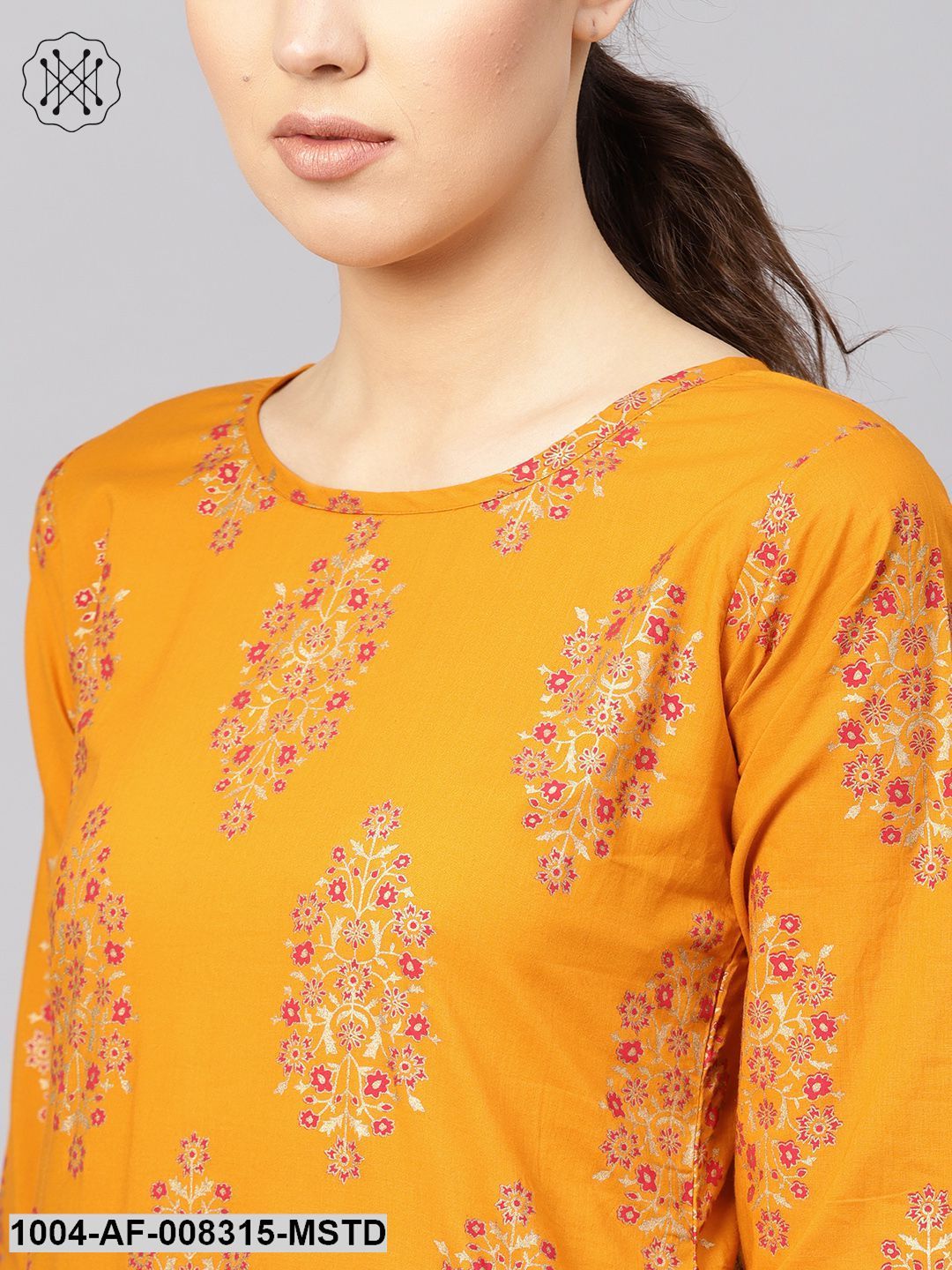 Ochre Yellow Gold Printed Round Neck 3/4Th Sleeve Straight Kurta With Striped Skirt.