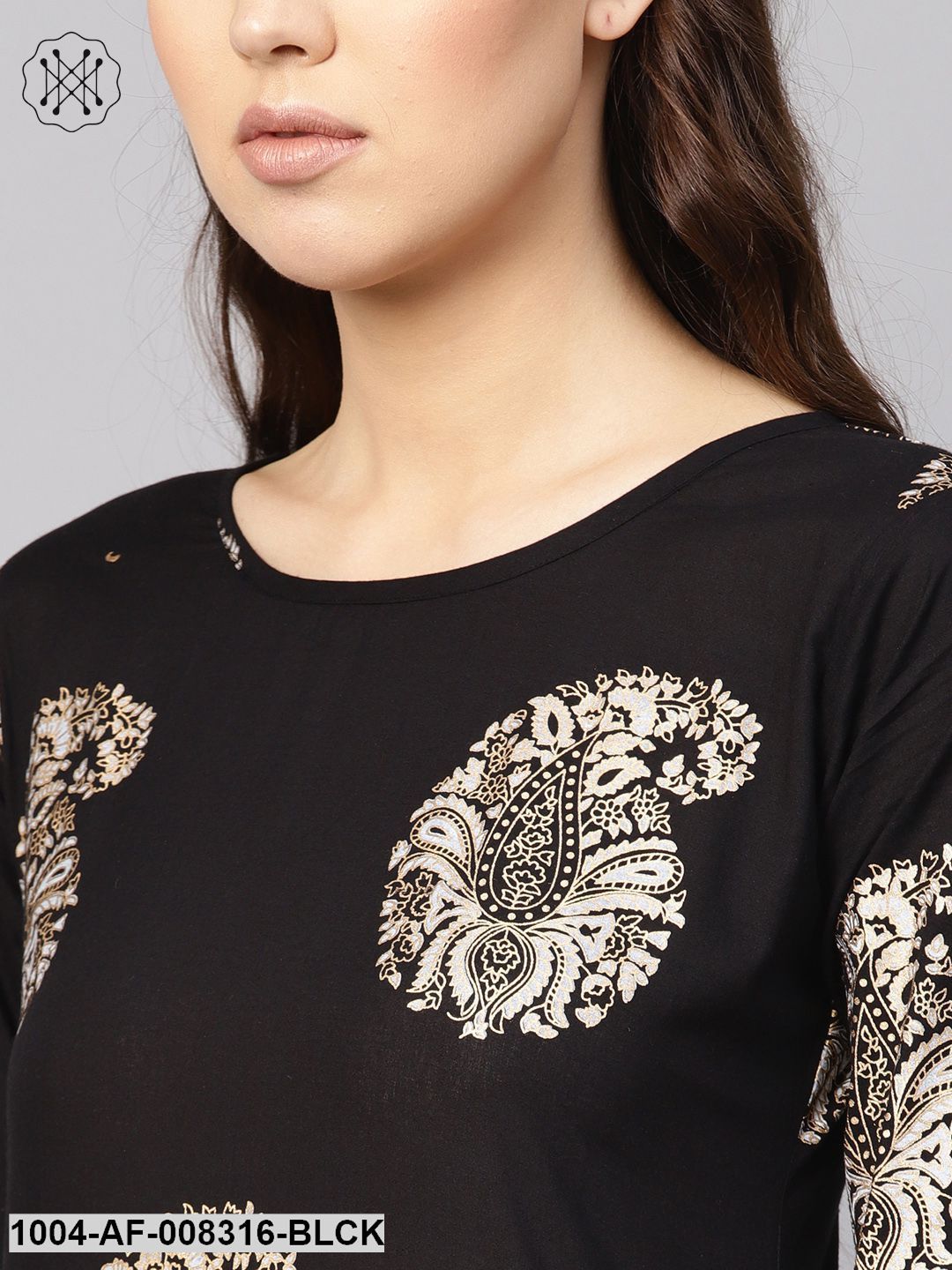 Black Gold Printed Round Neck 3/4Th Sleeves Straight Kurta With Skirt