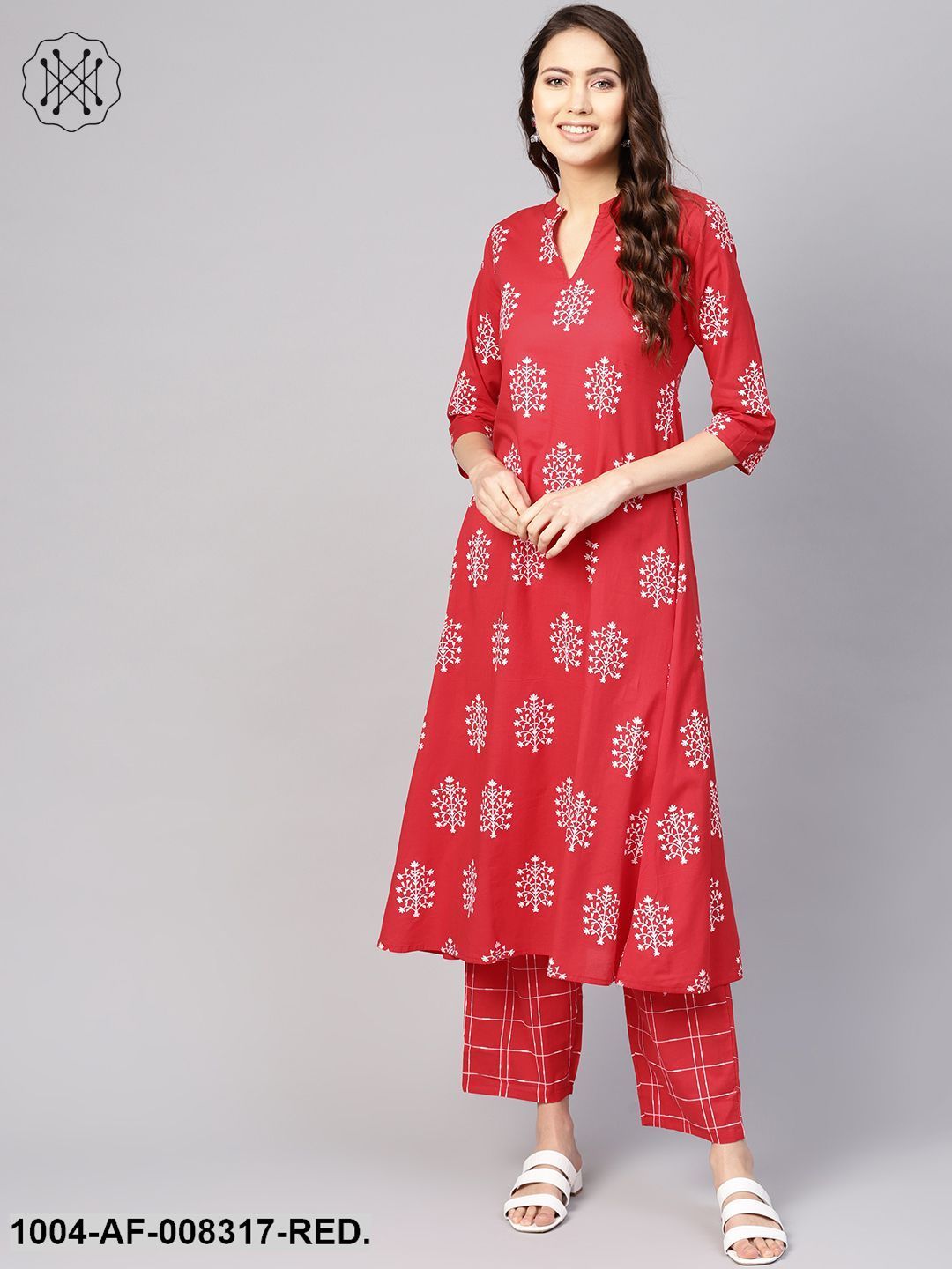 Red Printed V-Slit Neck 3/4Th Sleeves A-Line Kurta With Pants.