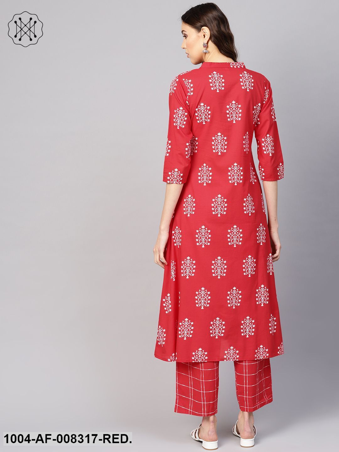 Red Printed V-Slit Neck 3/4Th Sleeves A-Line Kurta With Pants.