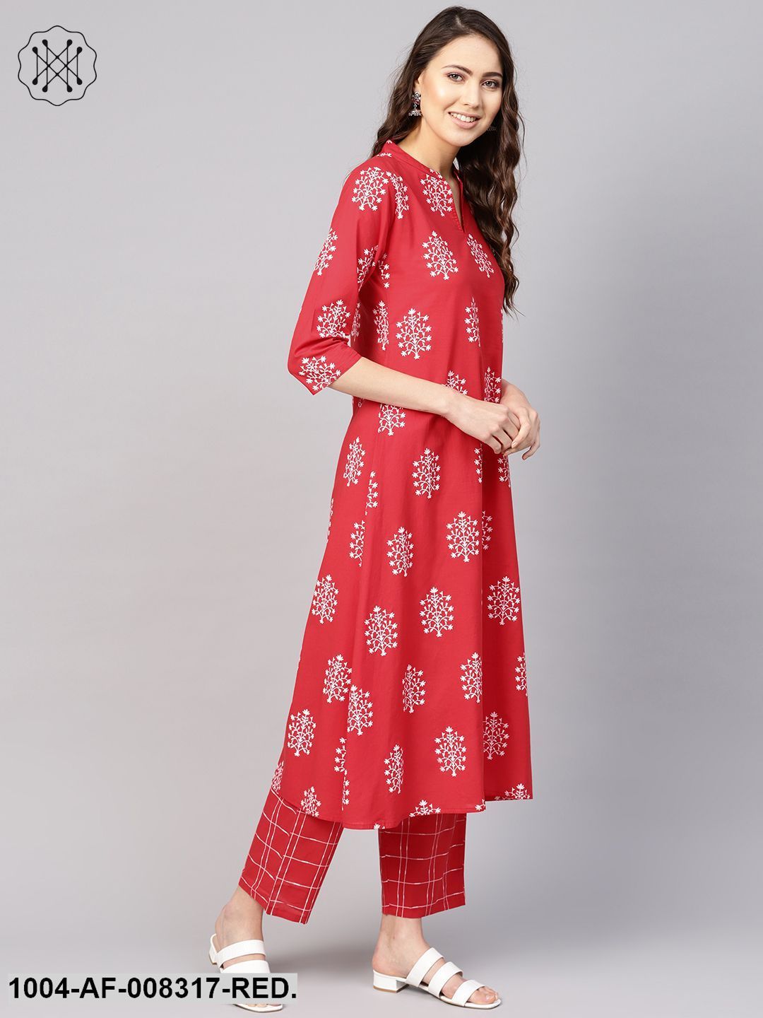 Red Printed V-Slit Neck 3/4Th Sleeves A-Line Kurta With Pants.
