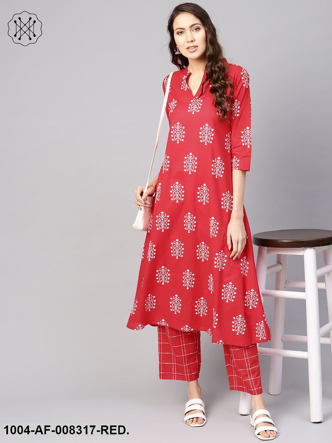 Red Printed V-Slit Neck 3/4Th Sleeves A-Line Kurta With Pants.