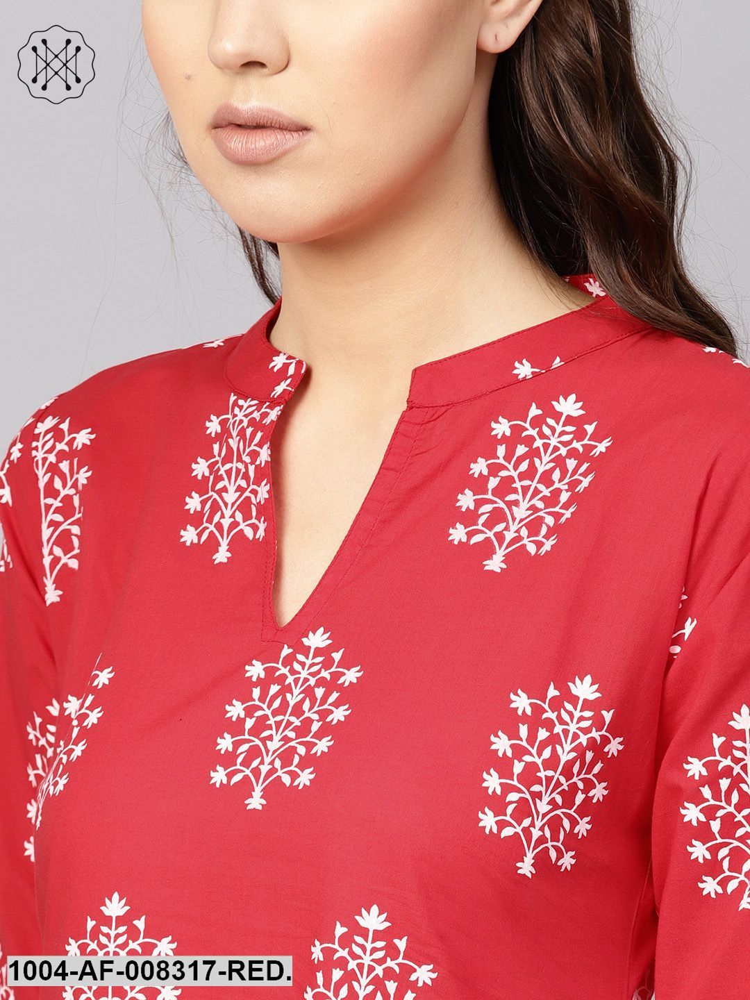 Red Printed V-Slit Neck 3/4Th Sleeves A-Line Kurta With Pants.