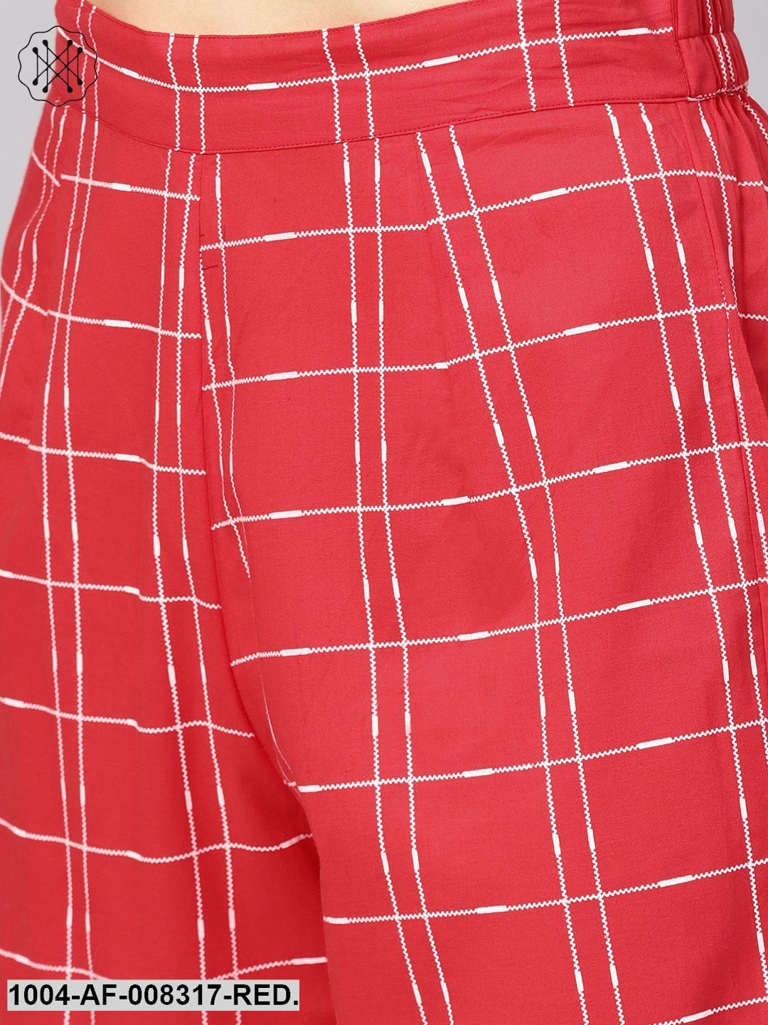 Red Printed V-Slit Neck 3/4Th Sleeves A-Line Kurta With Pants.