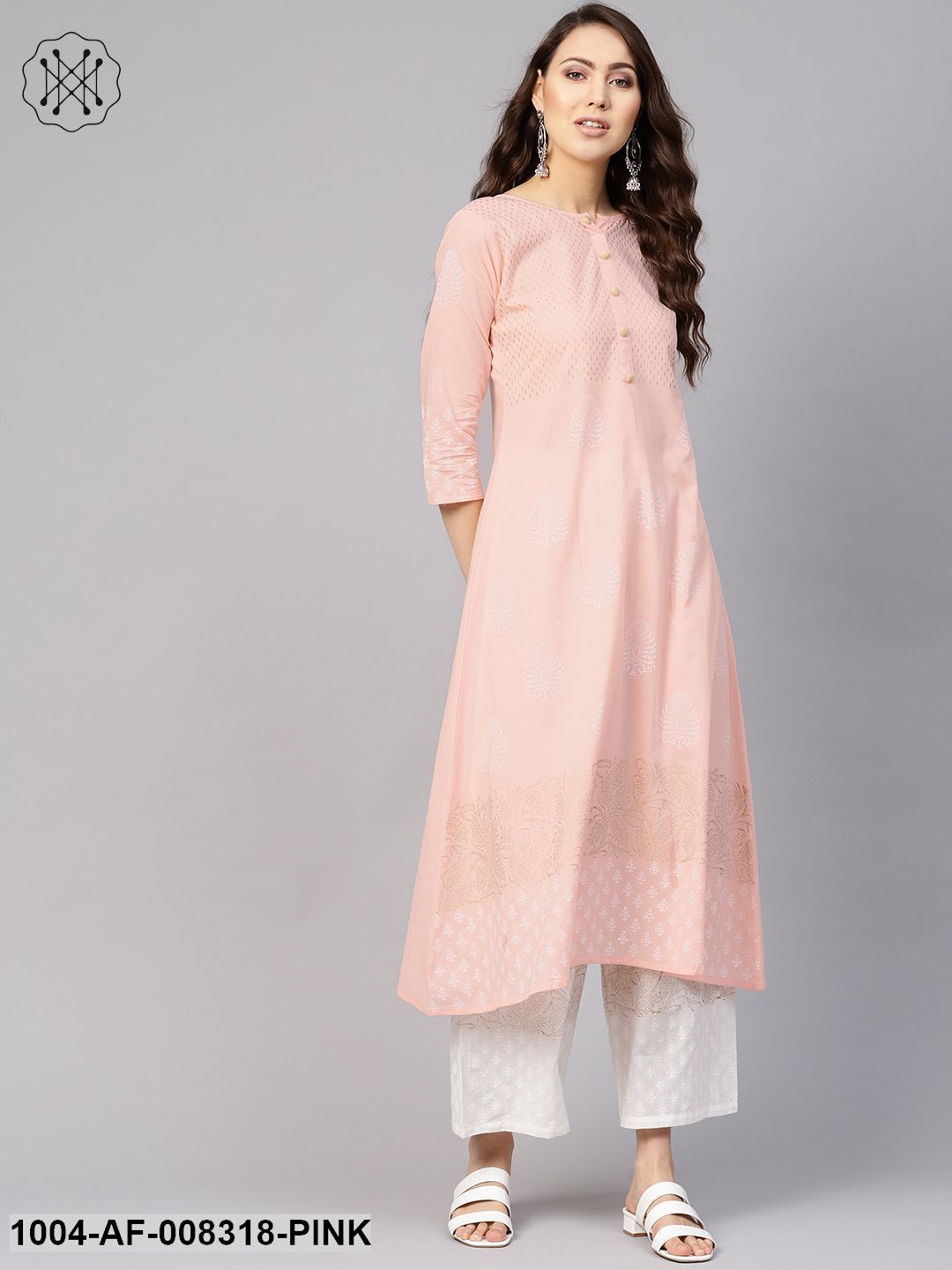 Peach And White Block Printed Round Neck 3/4Th Sleeves A-Line Kurta With Pants