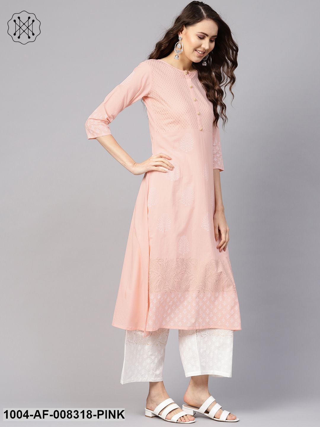 Peach And White Block Printed Round Neck 3/4Th Sleeves A-Line Kurta With Pants