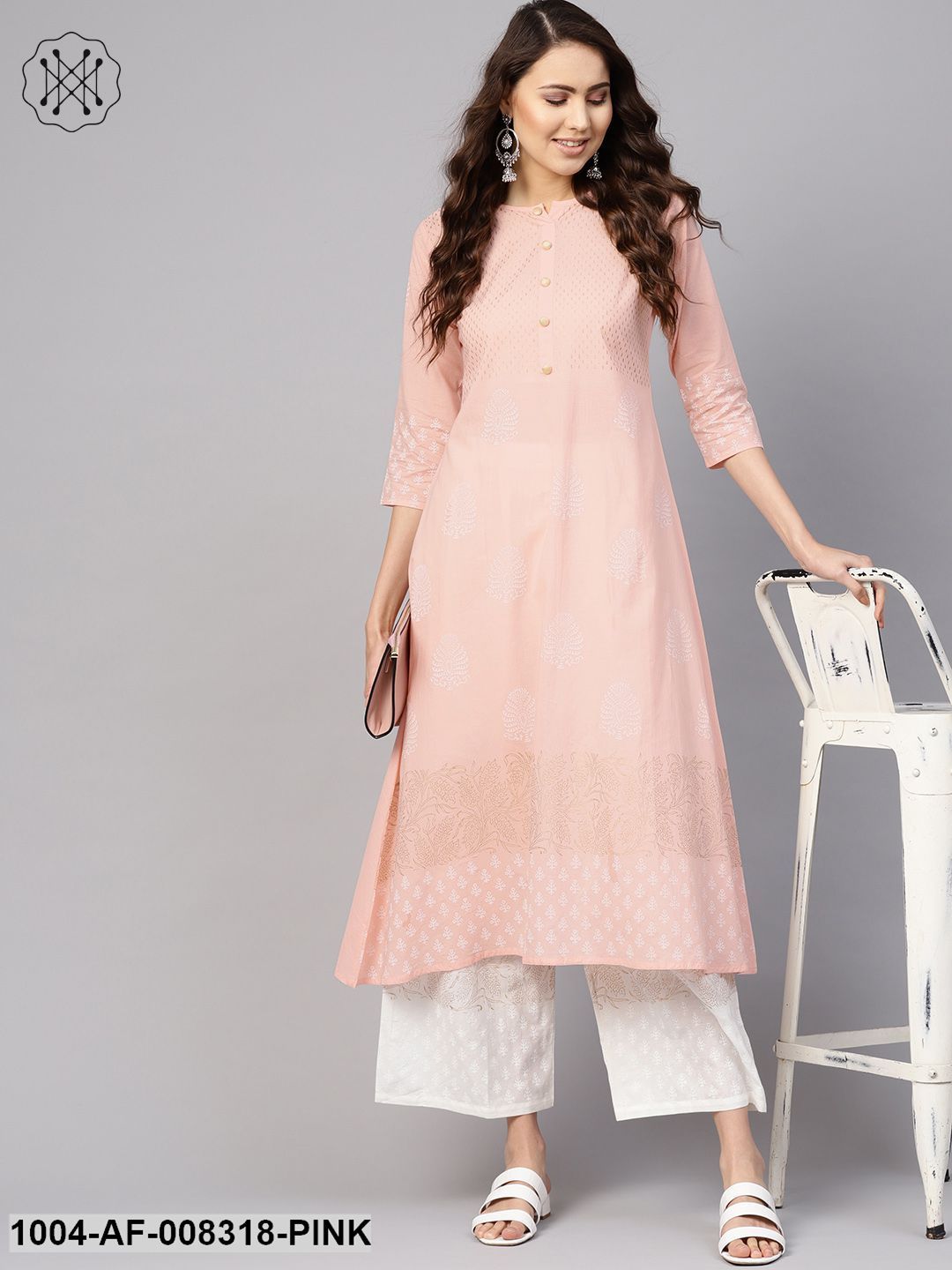 Peach And White Block Printed Round Neck 3/4Th Sleeves A-Line Kurta With Pants