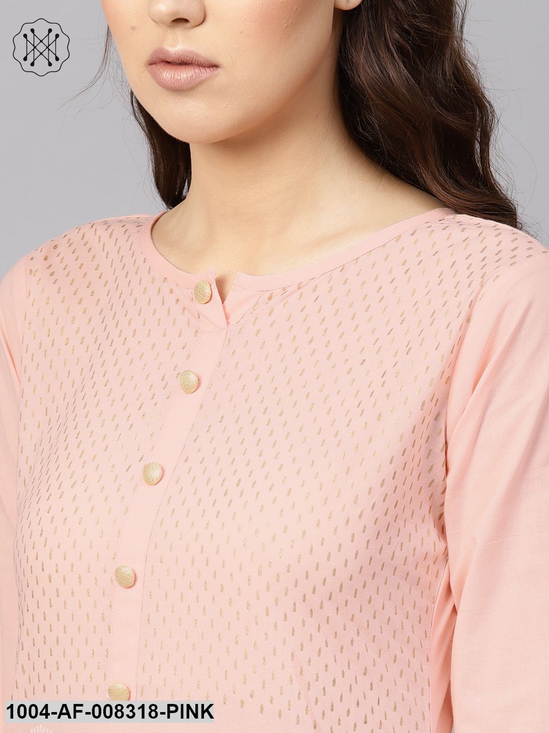 Peach And White Block Printed Round Neck 3/4Th Sleeves A-Line Kurta With Pants
