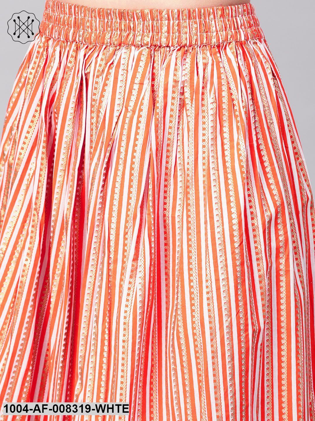 White And Orange Bandhej Printed 3/4Th Sleeve Straight Kurta With Skirt.