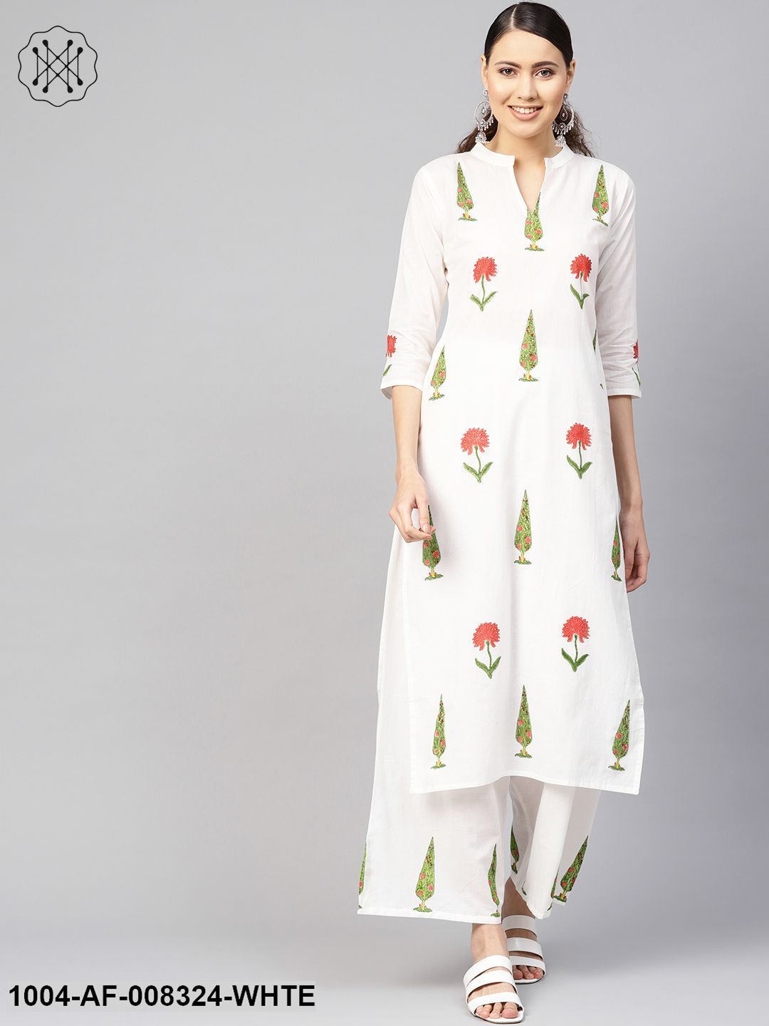 White Printed 3/4Th Sleeves Staright Kurta With Pants.