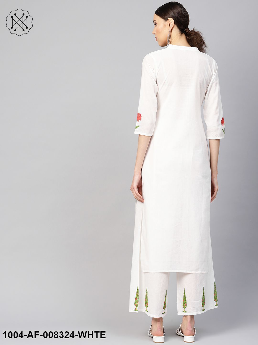 White Printed 3/4Th Sleeves Staright Kurta With Pants.