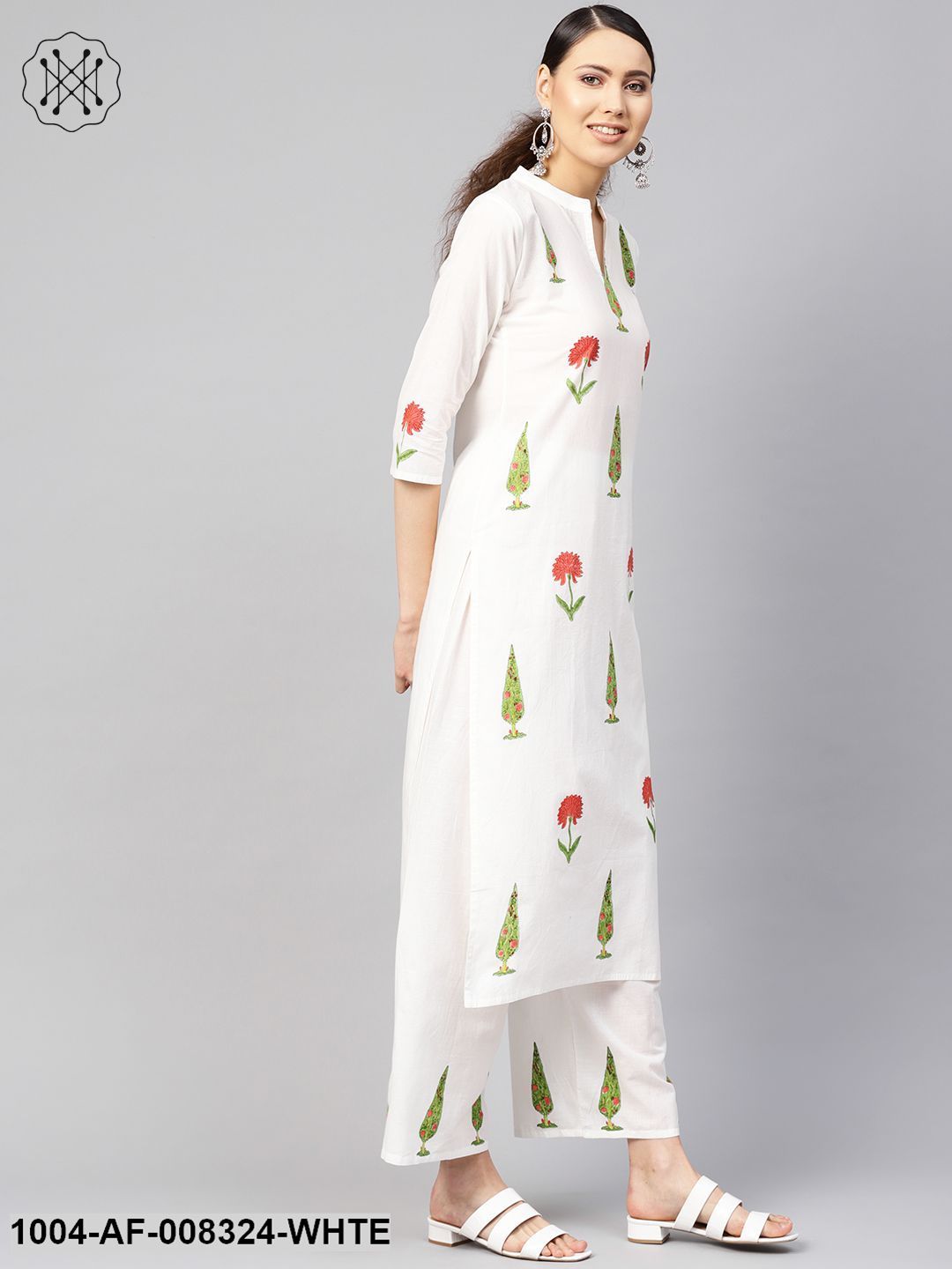 White Printed 3/4Th Sleeves Staright Kurta With Pants.