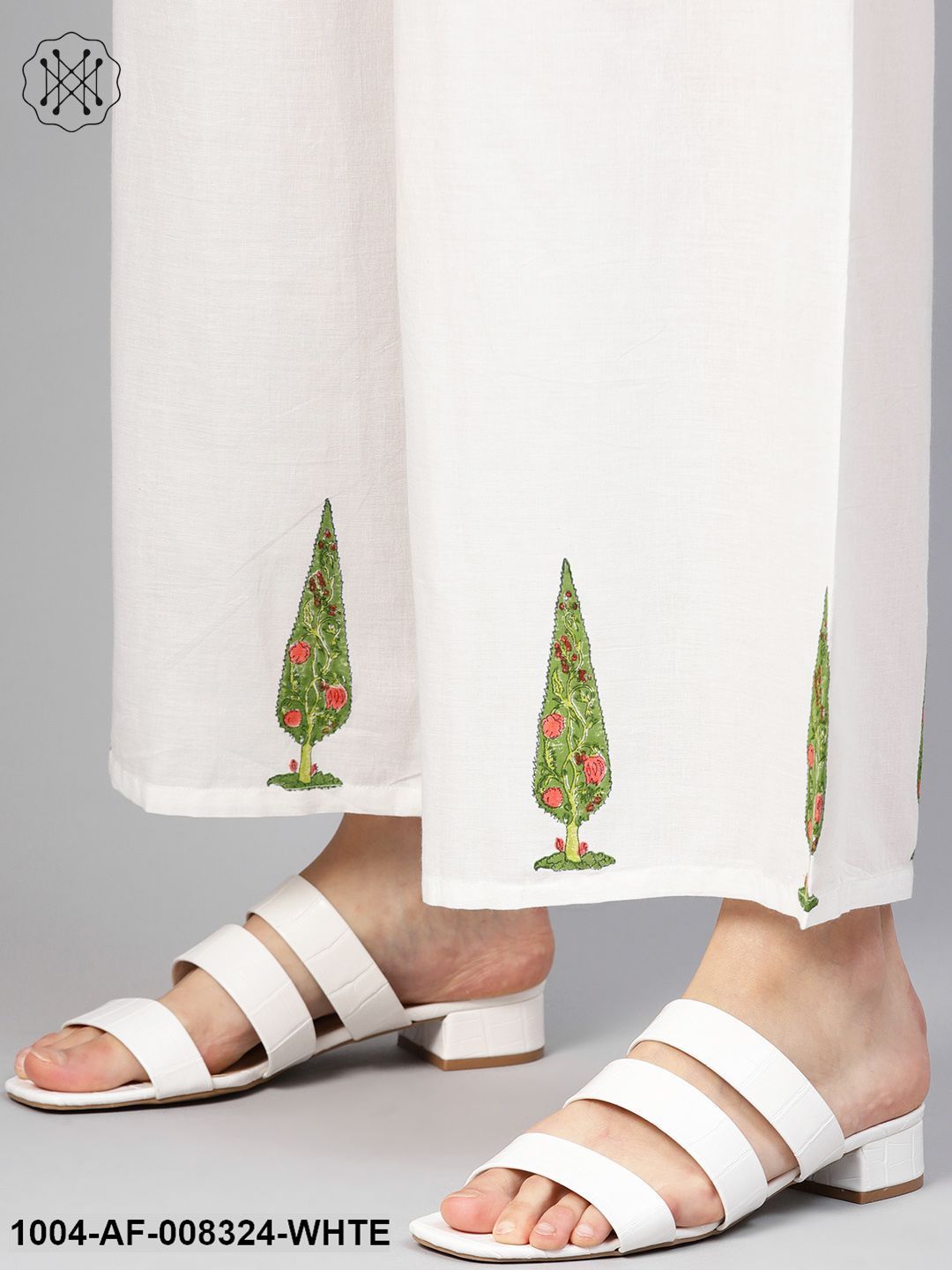 White Printed 3/4Th Sleeves Staright Kurta With Pants.