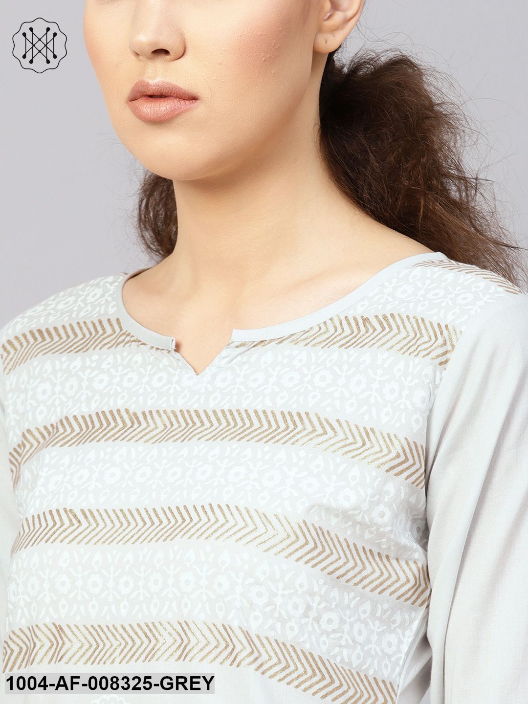 Light Grey Block Printed Round Neck With V-Slit 3/4Th Sleeves Kurta With Palazzo