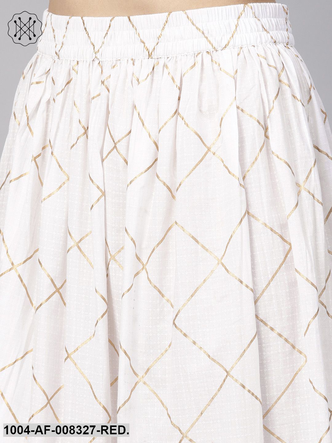 Red And White Bandhej Printed Round Neck 3/4Th Sleeves Straight Kurta With Skirt.