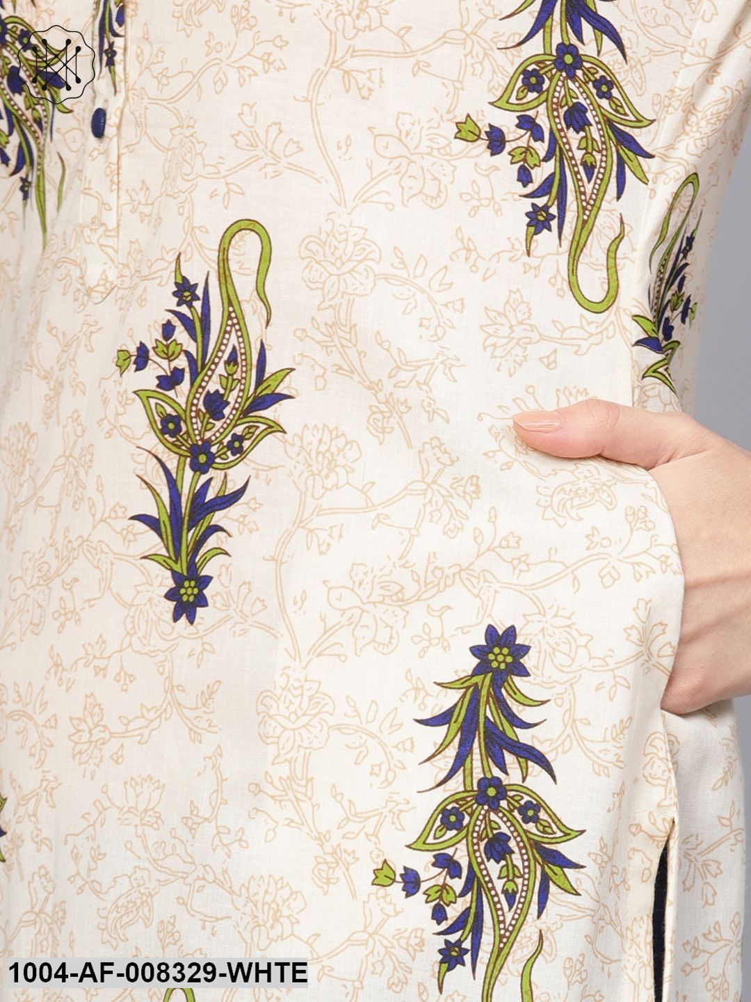 White Multi Colored Printed Straight Kurta With Solid Navy Blue Cigarette Pants
