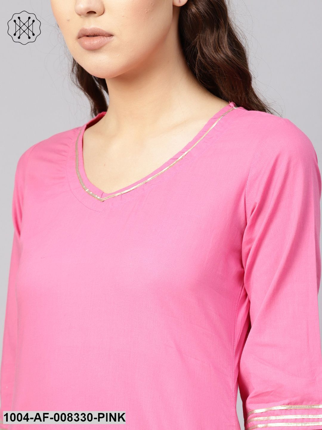 Pink Straight 3/4Th Sleeve Cotton Kurta Set With Purple Pants