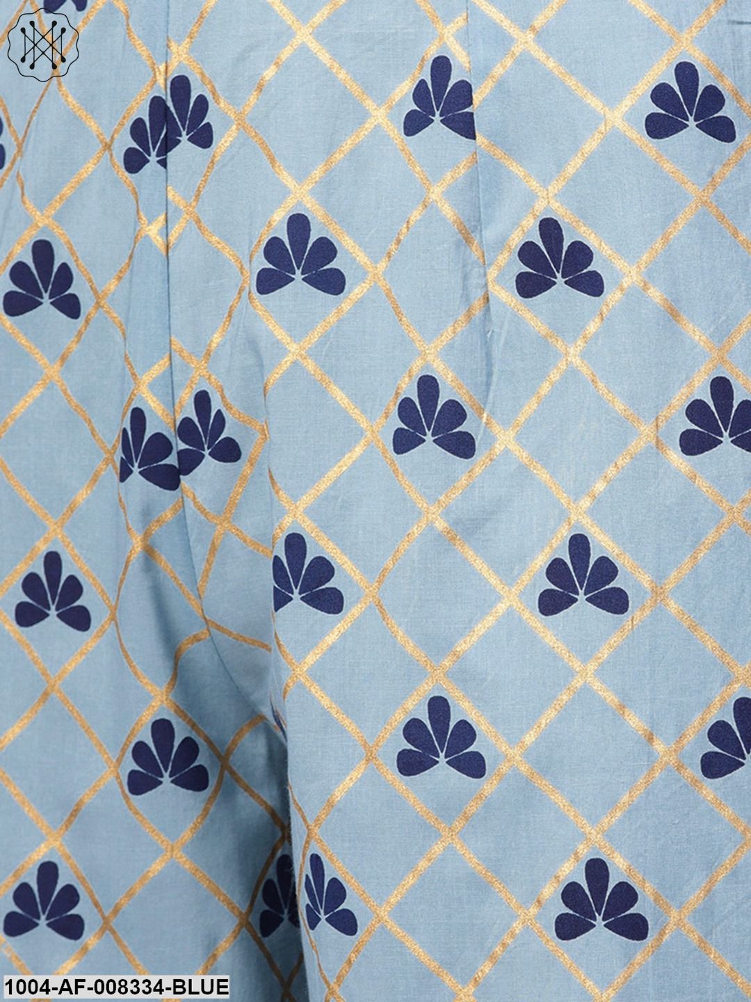 Blue Golden Printed Straight Kurta With Floral Khari Printed Pants And Dupatta