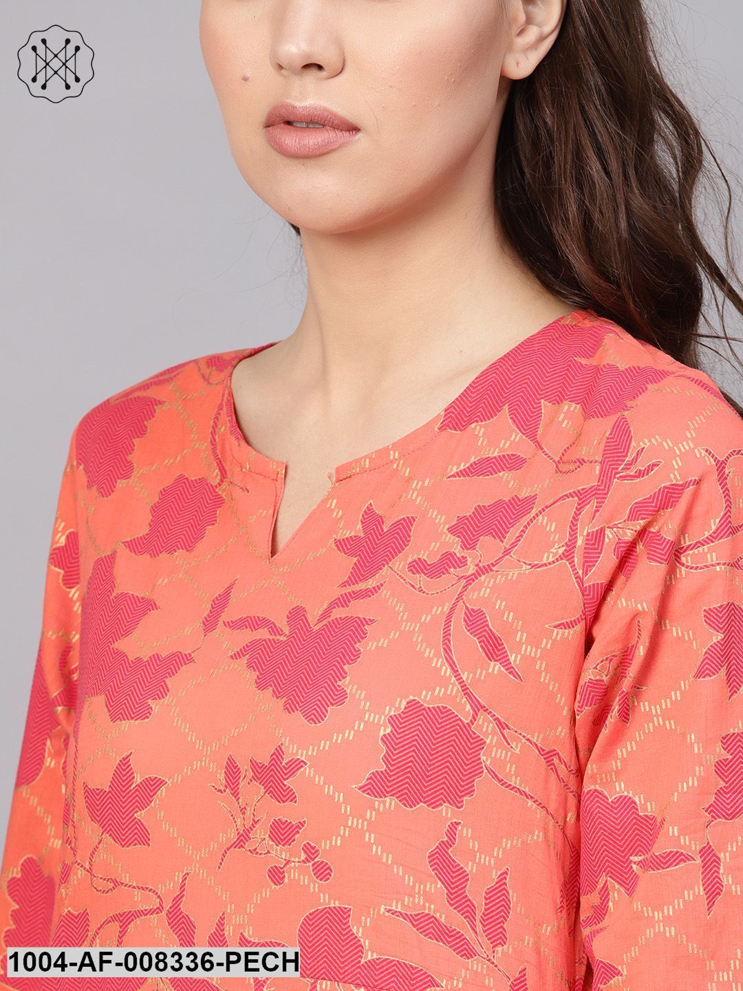Peach & Burgundy Gold Printed Straight Kurta With Solid Burgundy Churidar & Dupatta