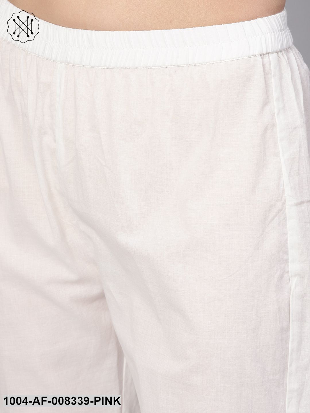 Pink Striped Round Neck Straight Kurta With Solid White Pants