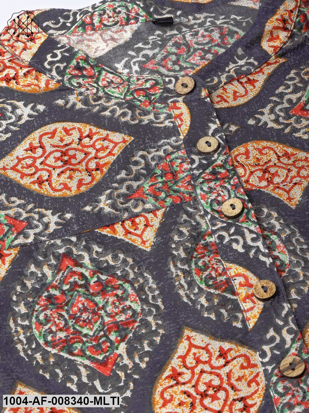 Multi Printed Chinese Collered Straight Kurta With Solid White Palazzo