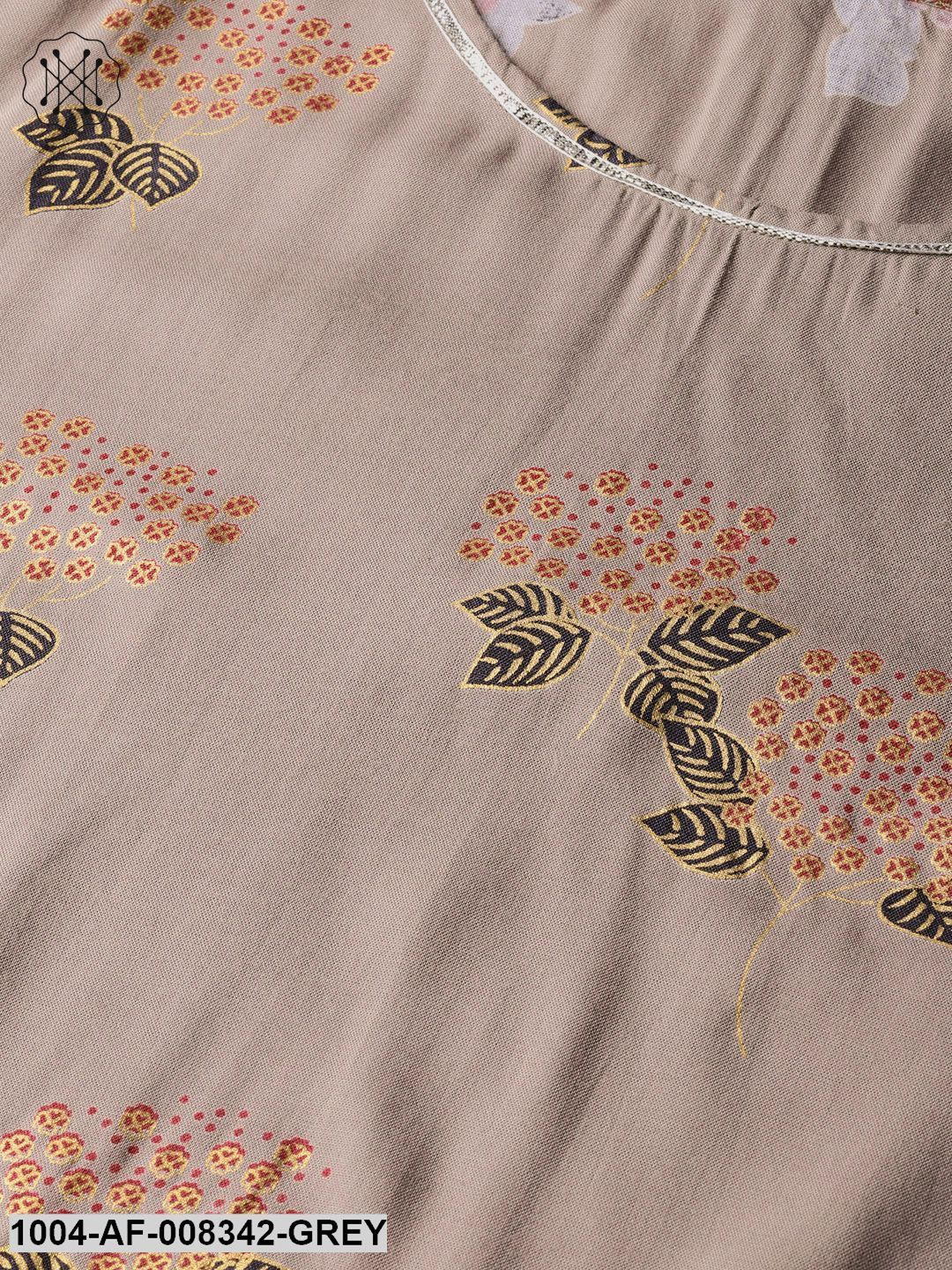 Grey & Multi Floral Gold Printed Round Neck Straight Kurta WithGathered Detail At The Hemline With Solid Pink Palazzo