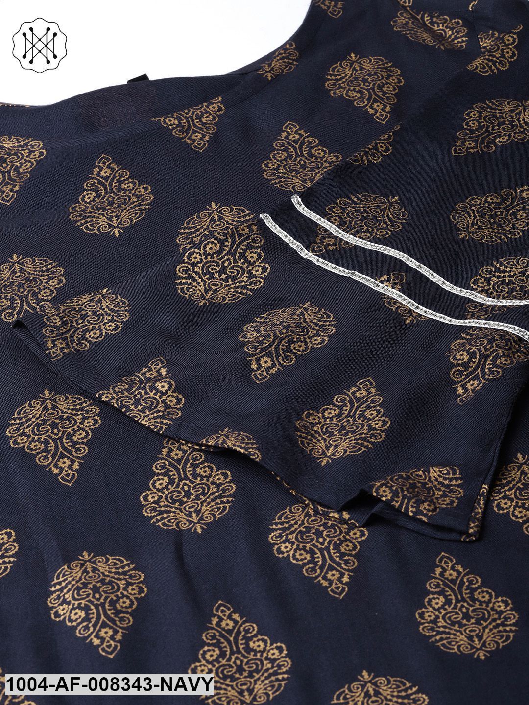 Navy Blue Printed Straight Cotton Kurta With Printed Palazzo And Solid Lemon Dupatta