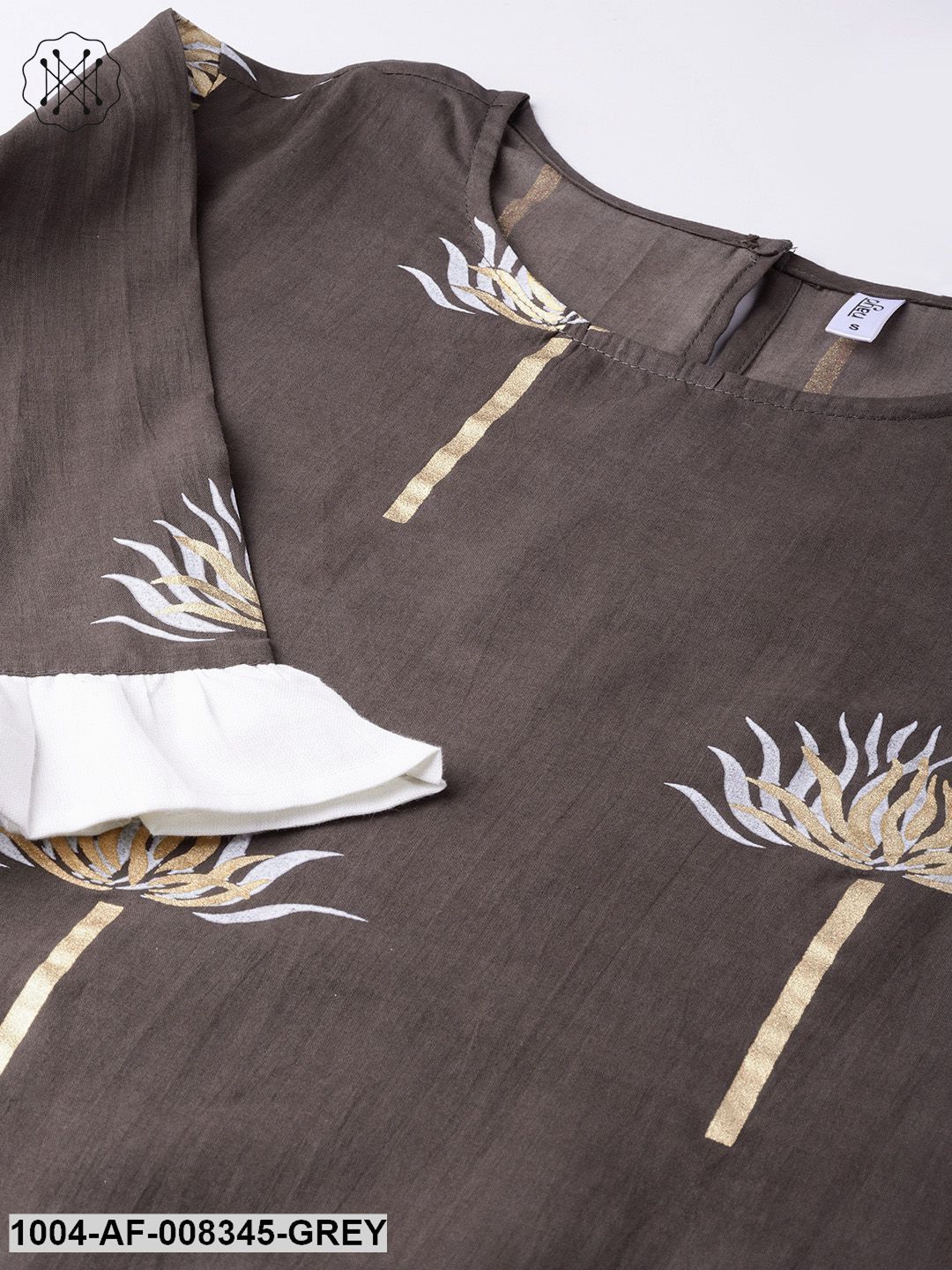 Grey Lotus Printed 3/4Th Sleeve Cotton Kurta With Off White Palazzo