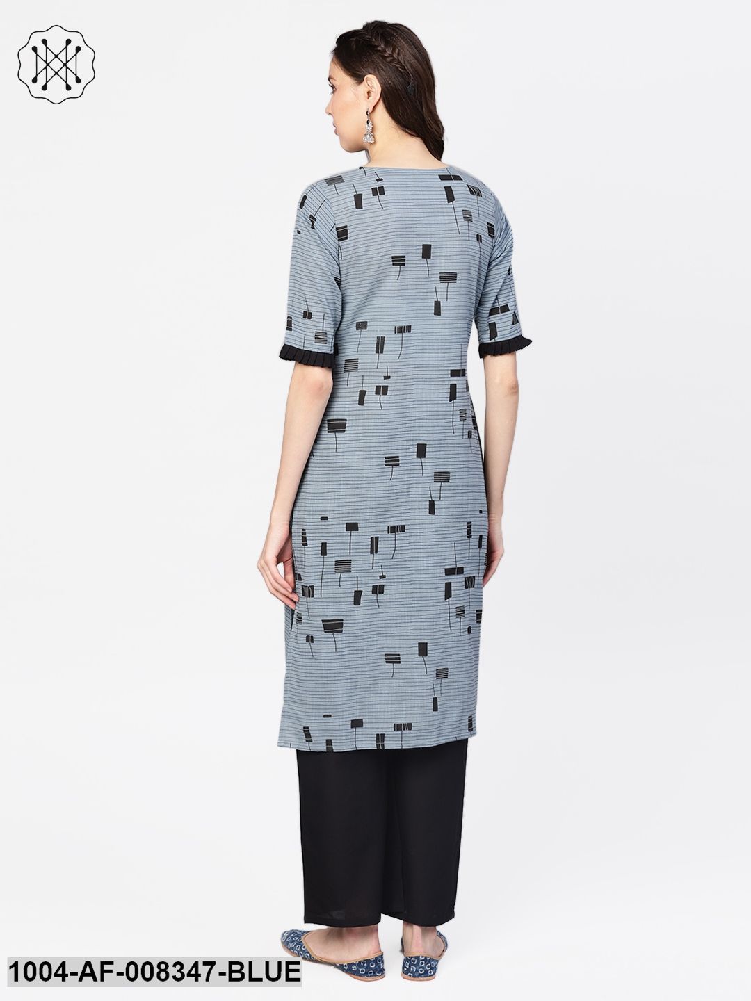 Abstract Print With Self Striped Round Neck Cotton Kurta With Black Palazzo