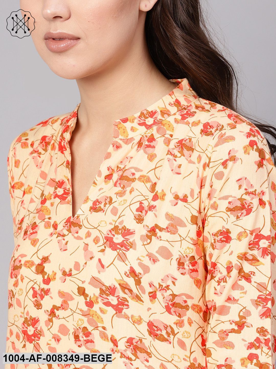 Beige Multi Floral Printed 3/4Th Sleeve Kurta With Peach Palazzo And Mulmul Dupatta