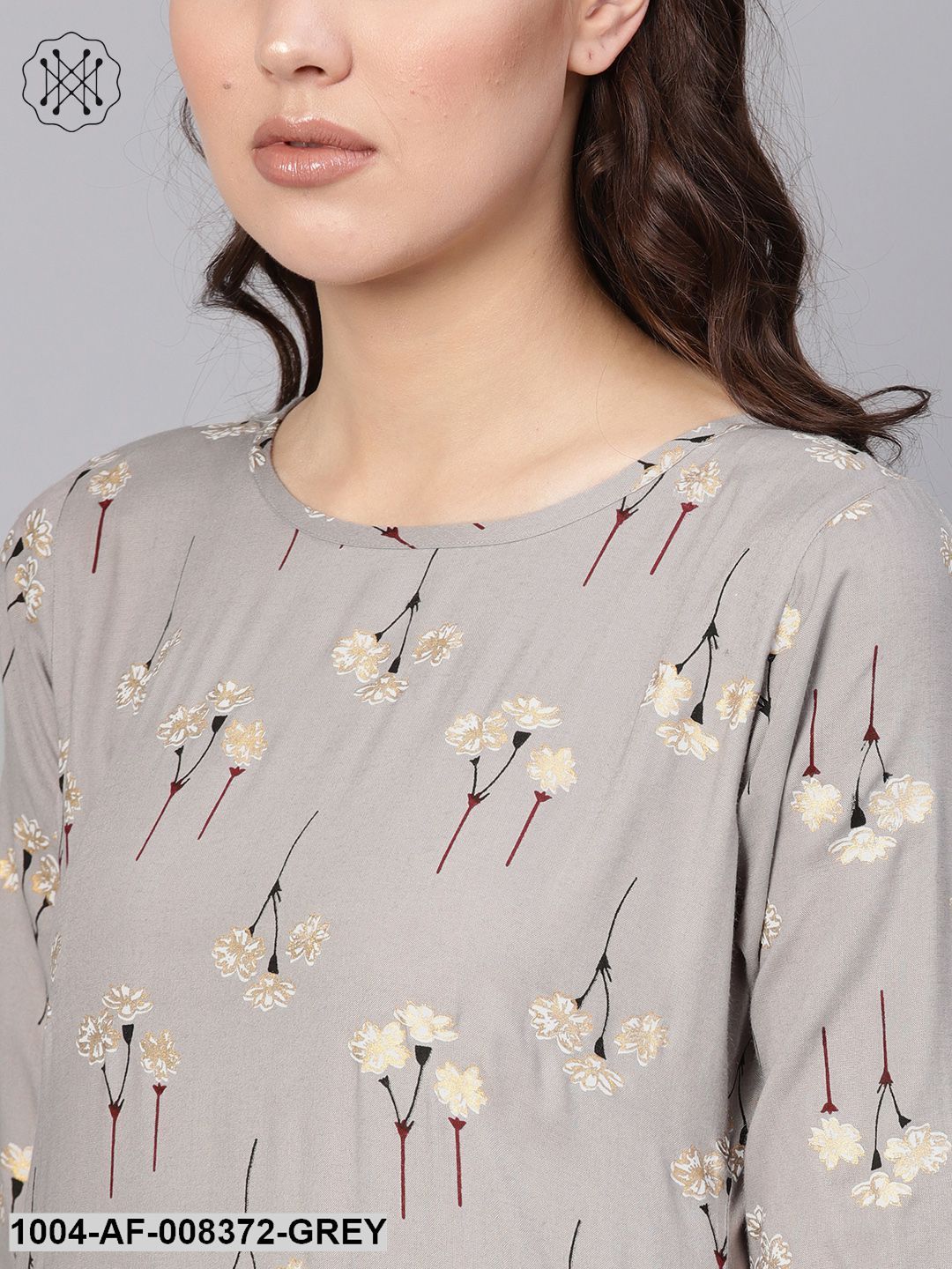 Grey Printed 3/4Th Sleeve Cotton Straight Kurta With Black Printed Skirt