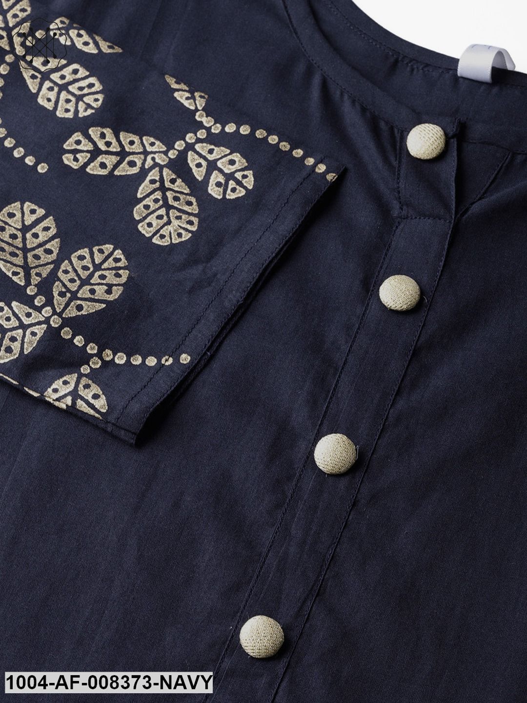 Navy Blue 3/4Th Sleeve Cotton Border Printed Kurta With White Palazzo