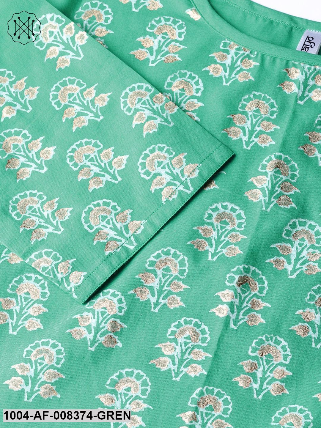 Green Printed 3/4Th Sleeve Cotton A-Line Kurta With White Palazzo