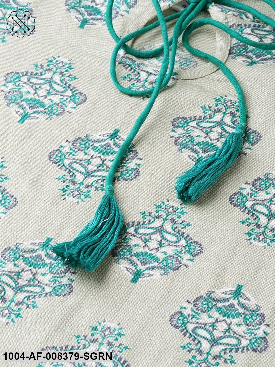 Grey Printed 3/4Th Sleeve Cotton Key Hole Neck Kurta With Green Flared Palazzo