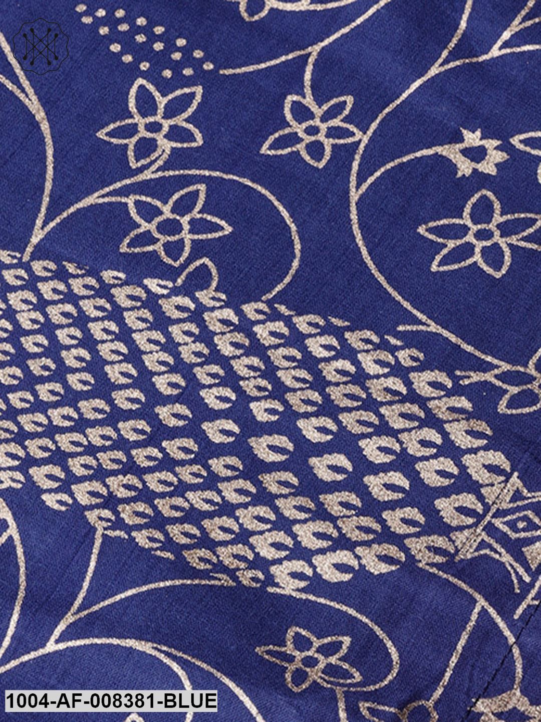 Blue Printed 3/4Th Sleeve Cotton Straight Kurta With Printed Trouser