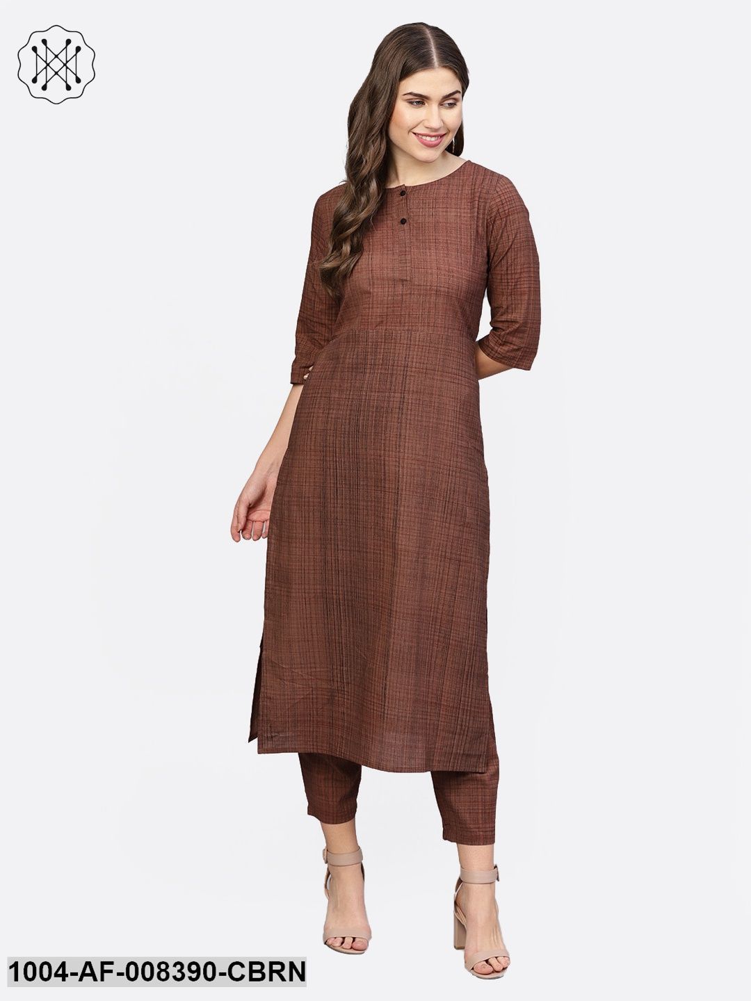 Coffee Brown Printed Half Sleeve Cotton Straight Kurta With Trouser