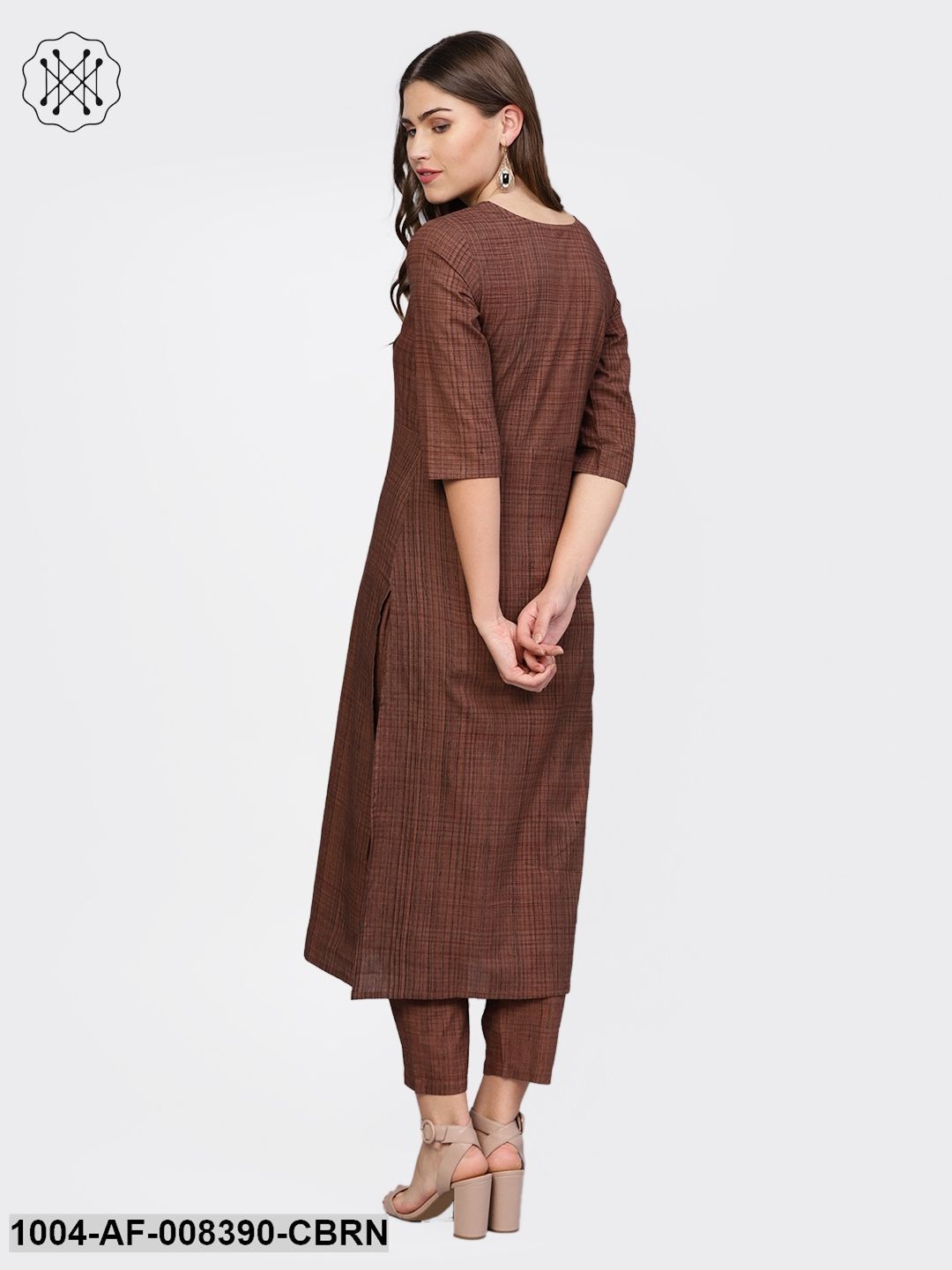 Coffee Brown Printed Half Sleeve Cotton Straight Kurta With Trouser