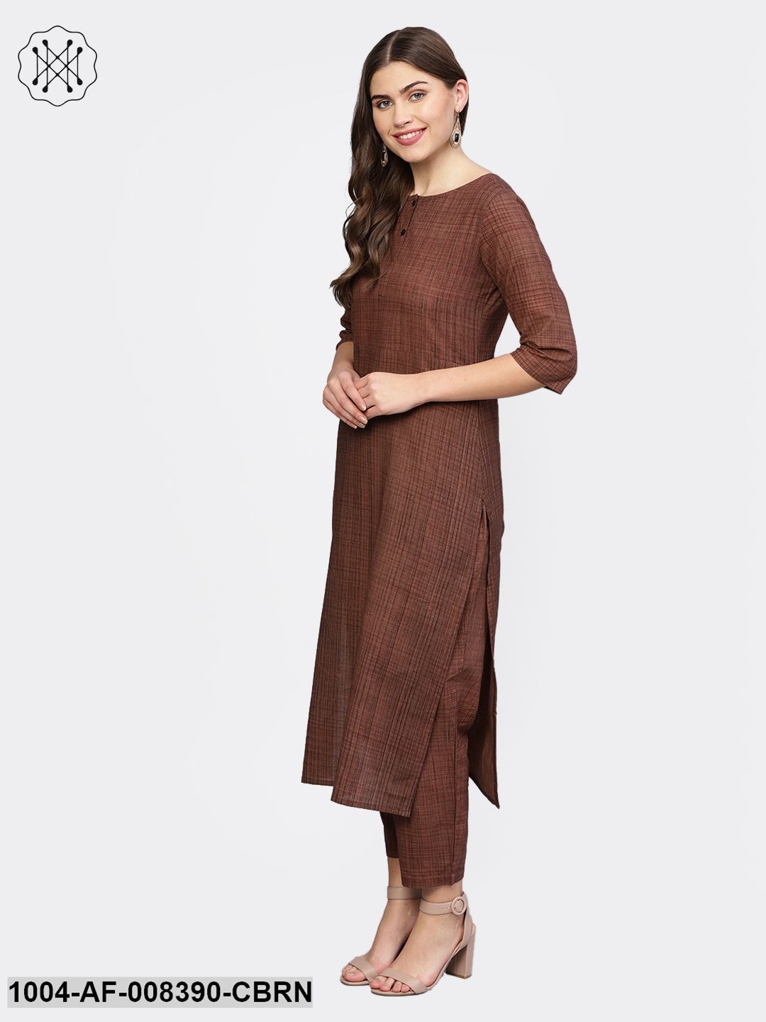 Coffee Brown Printed Half Sleeve Cotton Straight Kurta With Trouser