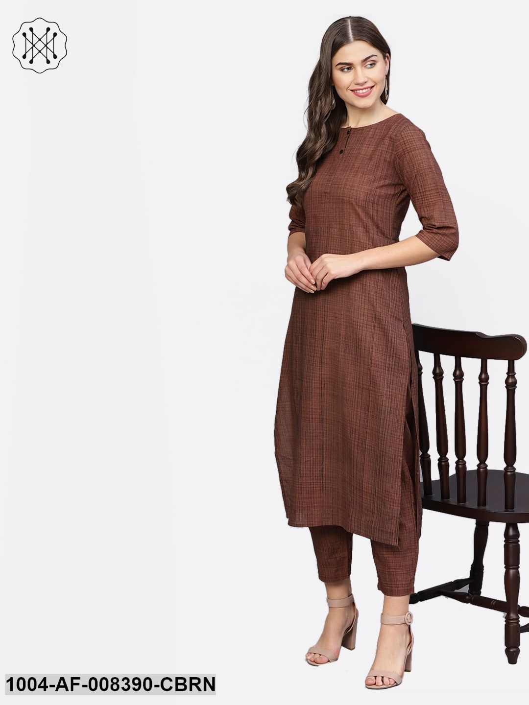 Coffee Brown Printed Half Sleeve Cotton Straight Kurta With Trouser