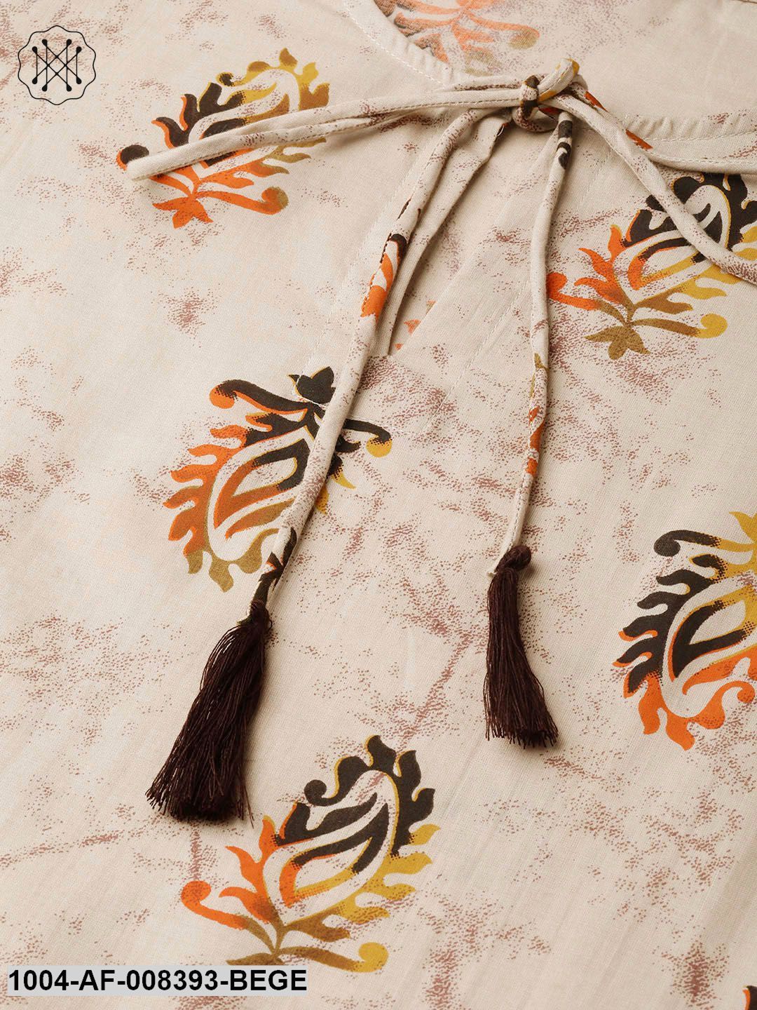 Beige With Multi Colored Floral Kurta With Solid Chocolate Brown Pants