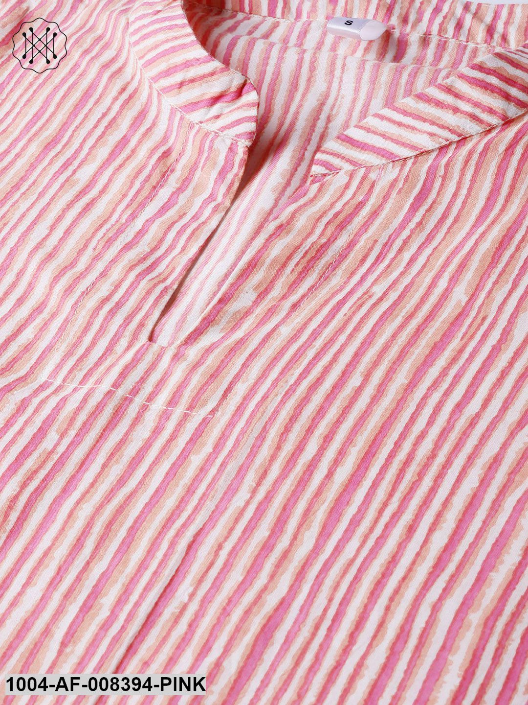 Pink & Off White Striped Printed Kurta With Solid White Pants