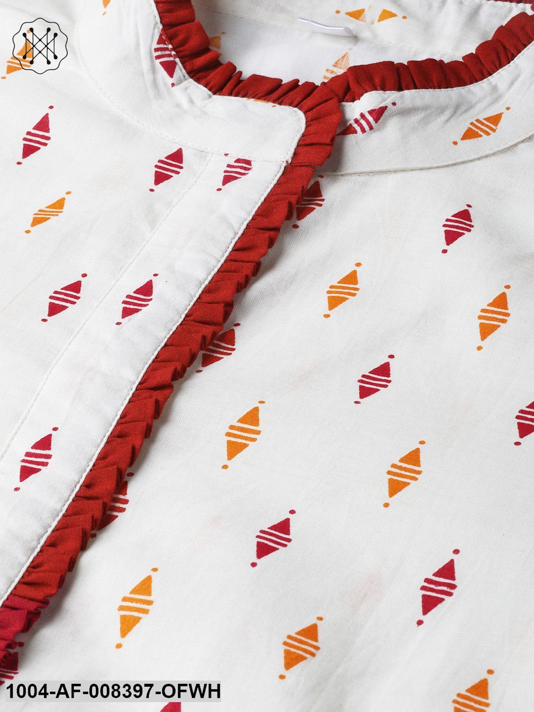 Off White With Multi Colored Geometric Print Kurta With Detailed Collar And Placket With Solid Maroon Pallazo