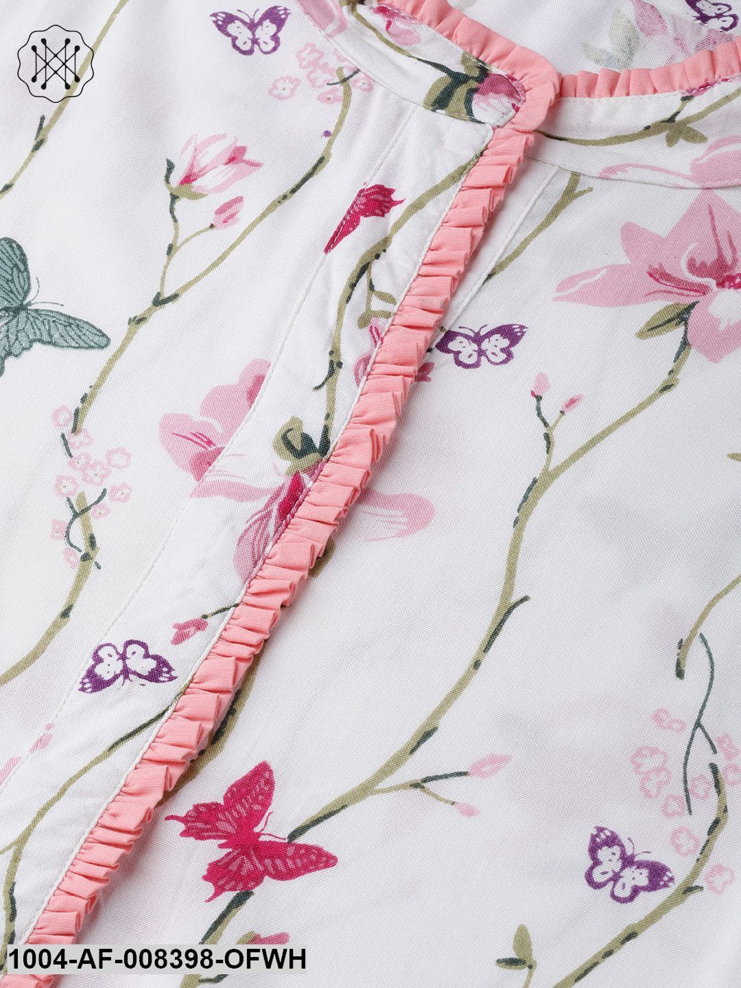 Off White Multi Colored Floral Kurta With Collar And Placket Detailing With Solid Light Pink Pallazos