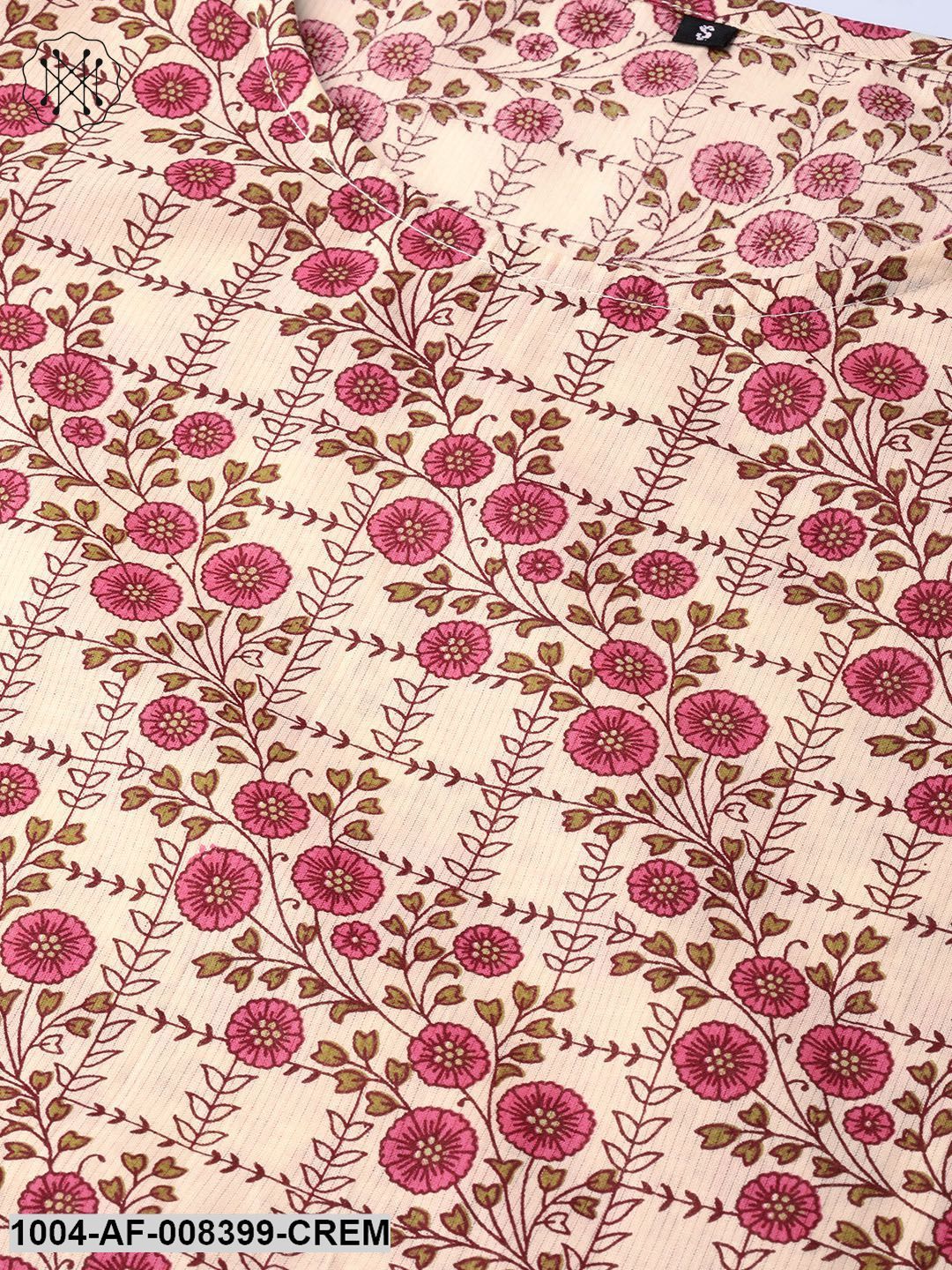 Cream & Multi Floral Printed Kurta With Solid Olive Green Pants